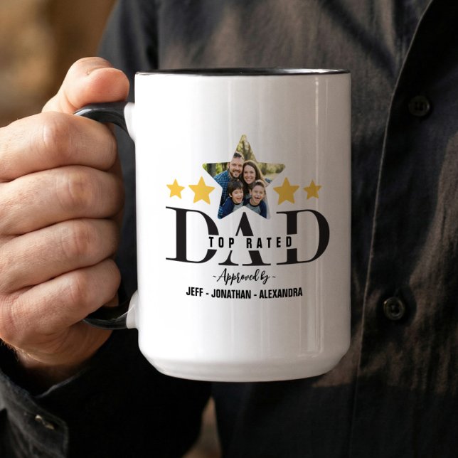 Fars dag 5 Stjärnor Pappa Recension Topprankad Pap Mugg (Father’s Day Dad Review Top Rated Dad Custom Photo Mug (Front & Back))