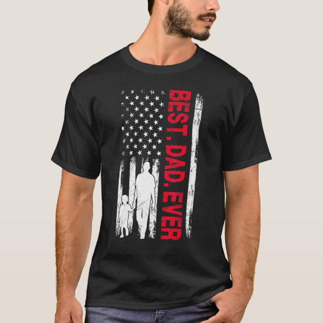 Fars dag Bästa Pappa någonsin med USA:s Flagga M T Shirt (Framsida)