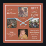 Fars dag Best Pappa någonsin Terra Cotta Fyra foto Fyrkantig Klocka<br><div class="desc">Visa Pappa att du värdesätter honom för Fars dag med den här fyra fototerrakonturen och den vita designen med din Pappa namn, texten "Bästa Pappa någonsin" och rum för ett unikt meddelande nedan med skrivna namnteckning i skripttext och tillfälle och år. Design efter Helgdag Hearts Designer (reserverade höger) med platshållarbilder...</div>