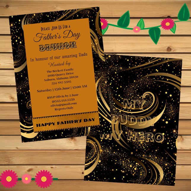Fars dag Brunch Guld Curls Leafy Swirls Party Inbjudningar (Father's Day Brunch Gold Curls Leafy Swirls Party Invitation)