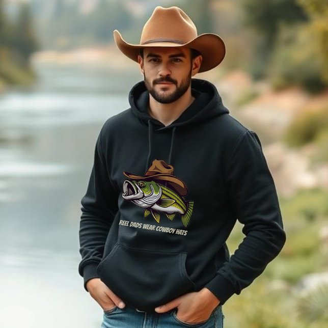 Fars dag Funny Fish med en Cowboy Hat Hoodie (Funny Bass Fish with Cowboy Hat-Father's Day Hoodie Fisherman Core Reel Dads wear cowboy hats)