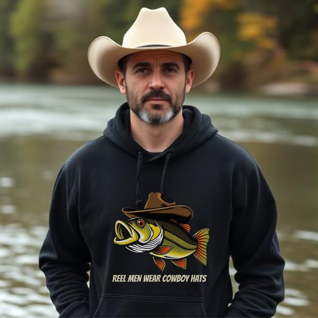 Fars dag Funny Fish Wear a Cowboy Hat Hoodie (Bass Fish with a Cowboy Hat Funny Hoodie for men, Fisherman, Country Cowboys)