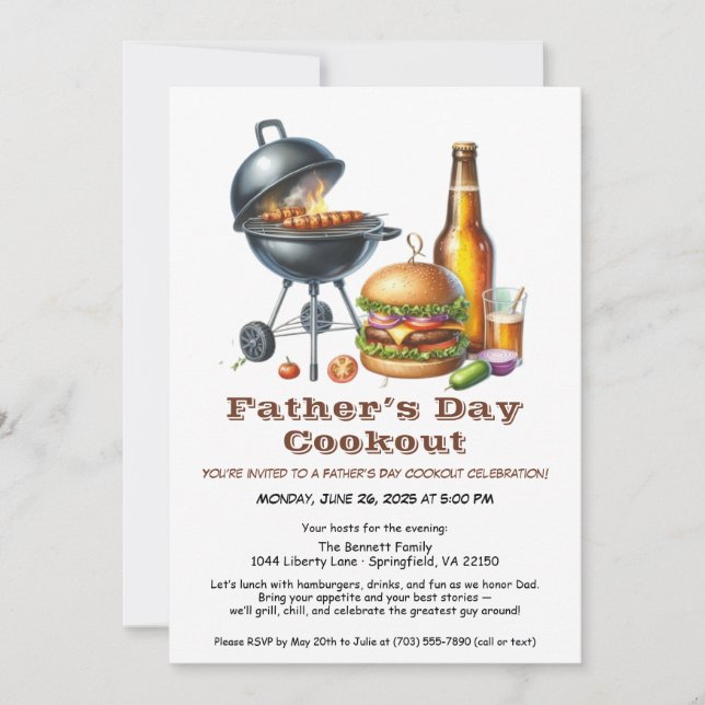 Fars dag grillfest inbjudan – Hamburgare, drycker  (Framsida)