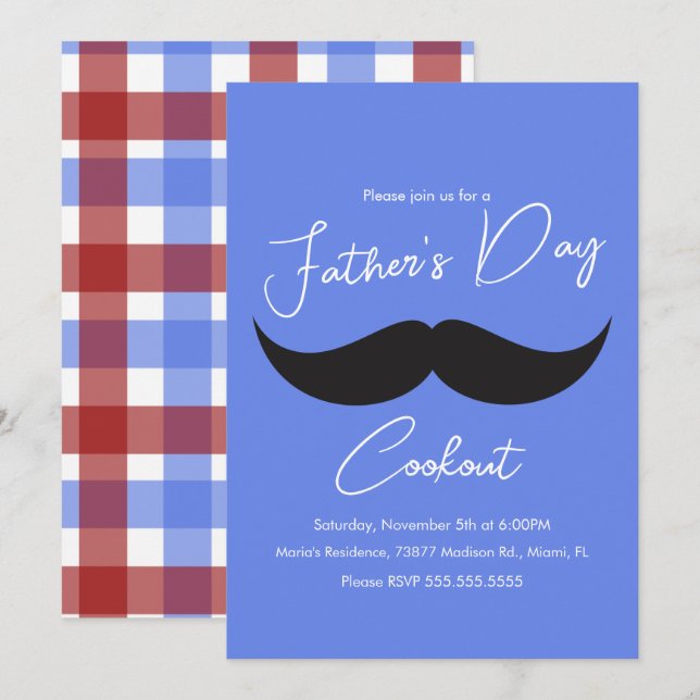 Fars dag Grillning Mustasch Blå Plaid Inbjudningar (Fram/baksida)