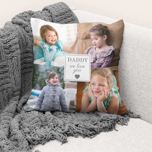 Fars dag Hör Vi älskar dig Pappa 4 Foto Collage Kudde (Cute custom photo collage "Daddy We Love You" throw pillow.)
