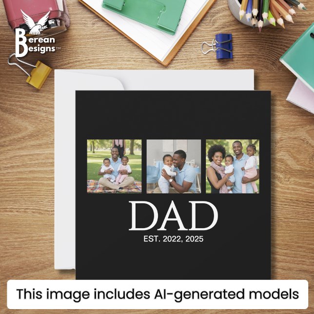 Fars dag kepsar Svarta 3 Foto Pappa Grundad Julkort (Stylish 3-photo Dad Established flat card with customizable text. Ideal for Father's Day & birthday.)