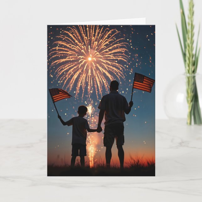 Fars dag med Fireworks och amerikansk Flaggor Kort (Framsida)