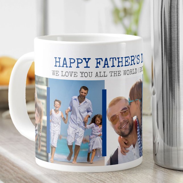 Fars dag Modern 5-fotoblå Grått Jumbo Mugg (Skapare uppladdad)
