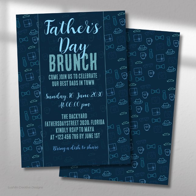 Fars dag Mörkblå Neon-ikoner Brunch Inbjudningar (Skapare uppladdad)