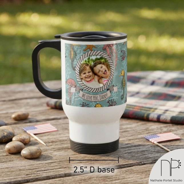 Fars dag Oceanrese-mugg  Resemugg (Father's Day Ocean Travel Mug features hand-drawn seahorses, jellyfish, starfish, and red coral)