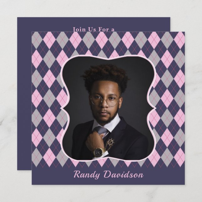 Fars dag Photo Blue Rosa Argyle Middag Party Inbjudningar (Fram/baksida)