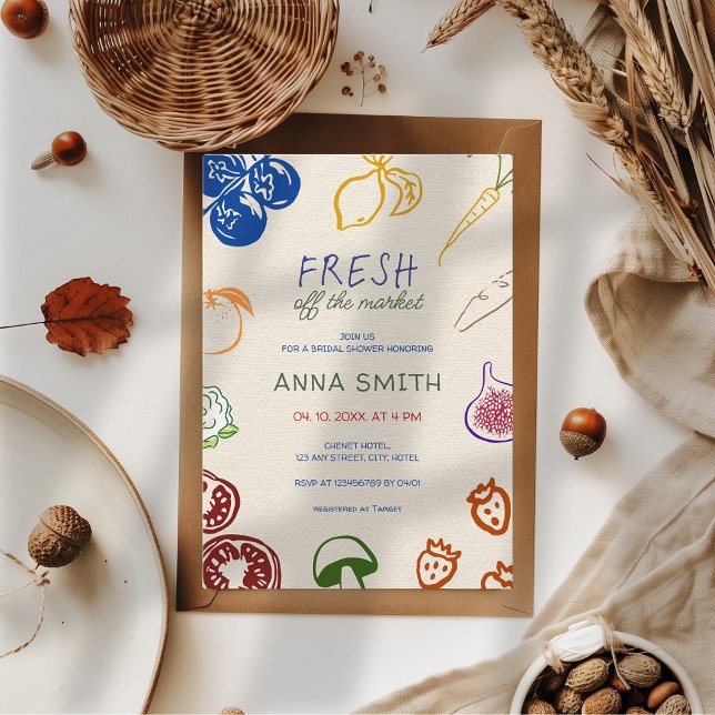 Färsk av bryggskugga från marknaden inbjudningar (Fresh off the market hand drawn bridal shower invitation colorful farmer's market cute aesthetic)
