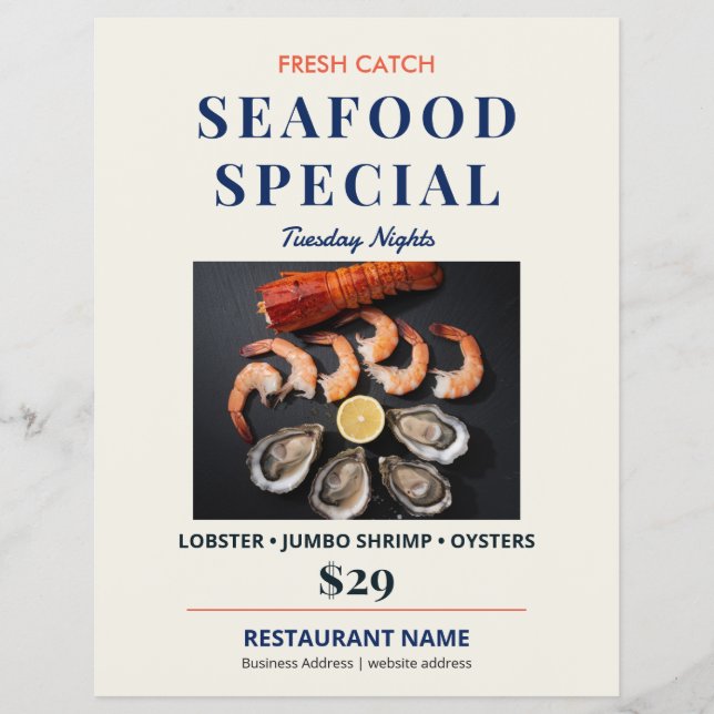 Färsk fångst marinblå restaurang special för skald reklamblad (Framsidan)