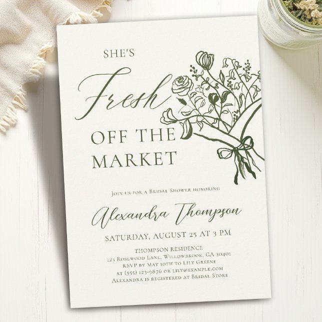 Färsk från marknaden dragen bukett bröllopsdusch inbjudningar (fresh off the market bridal shower invitation green hand drawn flower bouquet floral)