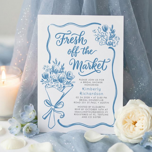 Färsk från marknaden Whimsical tecknad bröllopsdus Inbjudningar (Fresh Off The Market Whimsical Hand Drawn Dusty Blue Bridal Shower Invitation)
