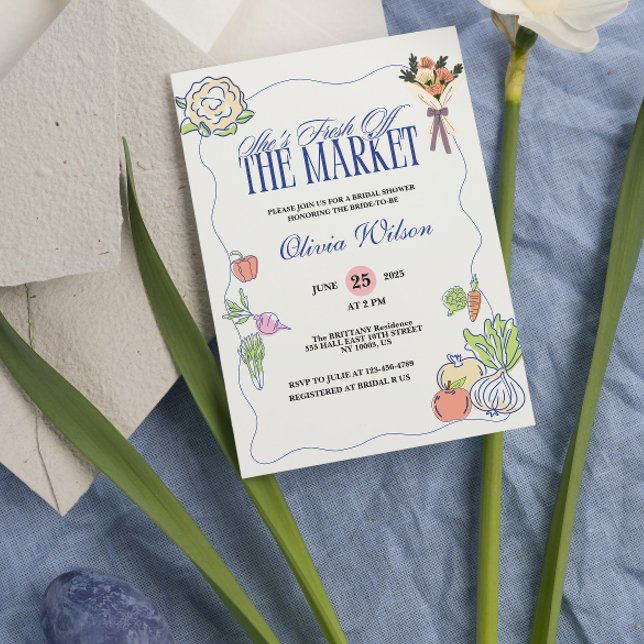Färsk från Möhippan på marknaden Inbjudningar (fresh off the market bridal shower invitations whimsical  quirky fruits and vegetables  )