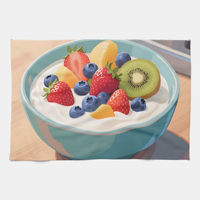 Färsk frukt yoghurt skål kökshandduk (Horisontell)