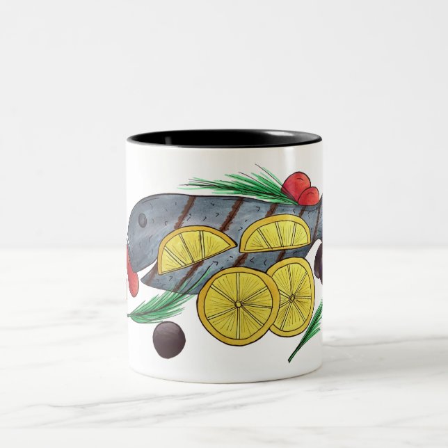 Färsk grillad fisk, skaldjur i det grekiska Medelh Två-Tonad Mugg (Center)