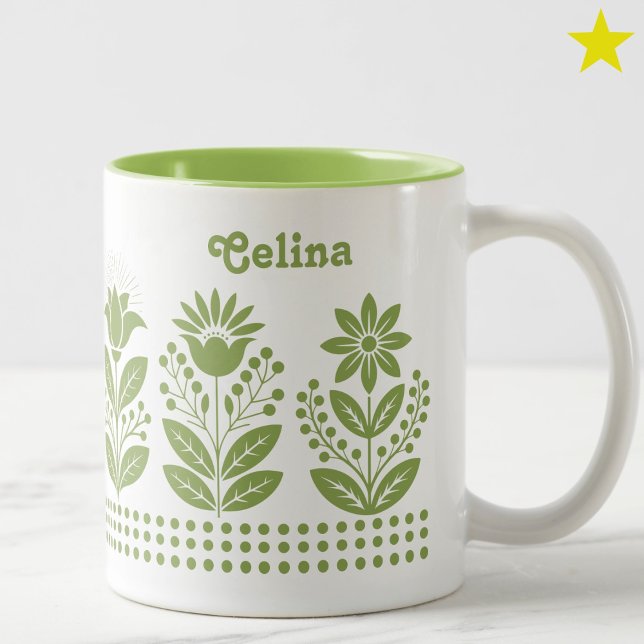 Färsk Grön Minimalistisk Folkkonst Blommig Anpassa Två-Tonad Mugg (Skapare uppladdad)
