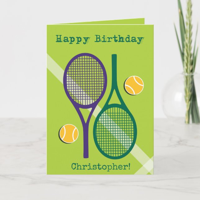 Färsk grönt och lila tennis racket Birthday Card Kort (Framsida)
