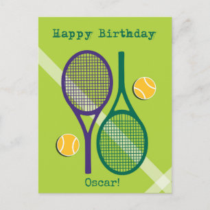 Färsk grönt och lila tennis racket Birthday Post Vykort