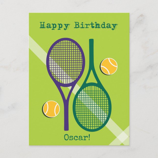 Färsk grönt och lila tennis racket Birthday Post Vykort (Framsida)