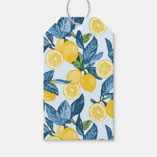 Färsk Gult Lemon Grove på blå bakgrund Presentetikett