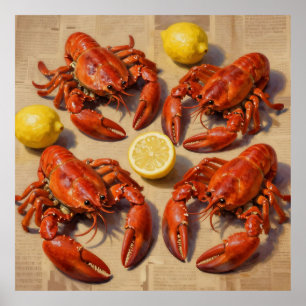 Färsk Kokad Hummer Citron Tidning Festmåltid Poster