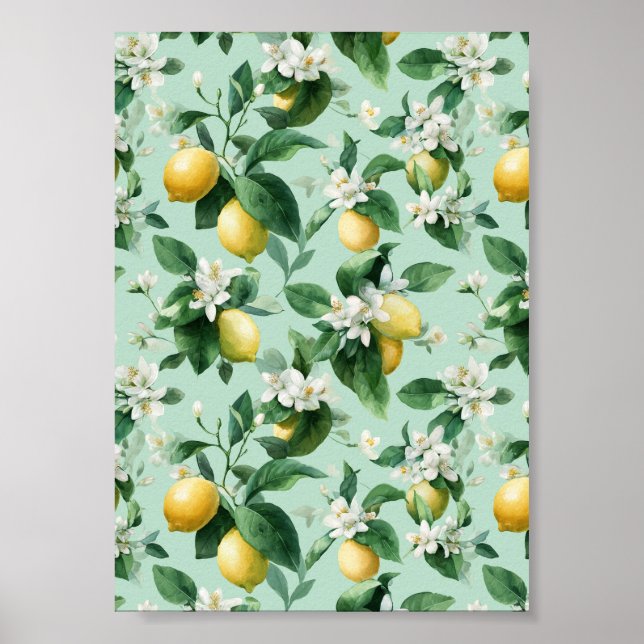 Färsk Mintgrön Citronblomster Vattenfärg Mönster Poster (Framsidan)