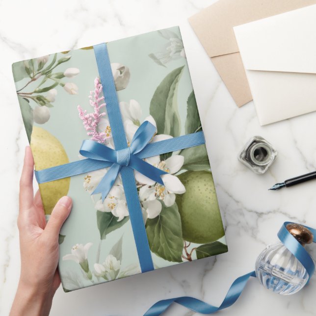 Färsk Mintgrön Citronblomster Vattenfärg Mönster Presentpapper (Gifting)