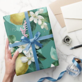 Färsk Mintgrön Citronblomster Vattenfärg Mönster Presentpapper