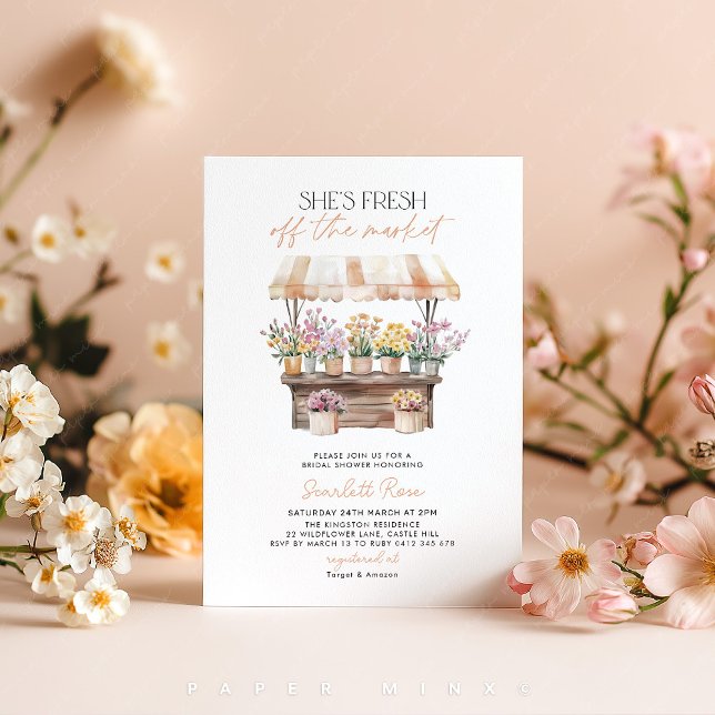 Färsk Möhippa på den inre marknaden Inbjudningar (She's Fresh off The Market! Peach Flower Stand Farmer's Market Bridal Shower Invitation)