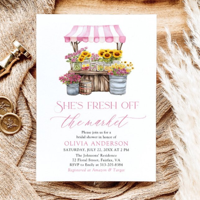 Färsk Möhippa på marknaden för jordbrukare Inbjudningar (Modern Watercolor Pink Gingham Fresh Off The Market Farmers Market Bridal Shower Invitation)
