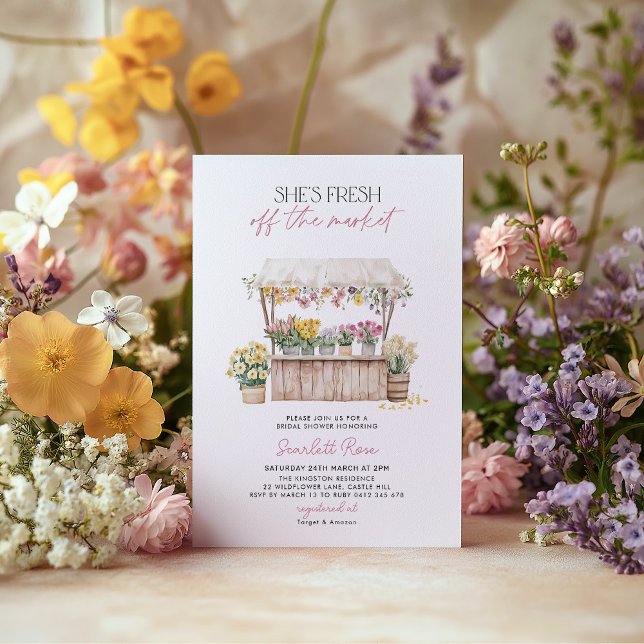 Färsk på Möhippan av marknaden för jordbrukare Inbjudningar (She's Fresh Off the Market! Flower Stand Farmer's Market Bridal Shower Floral Invitation)