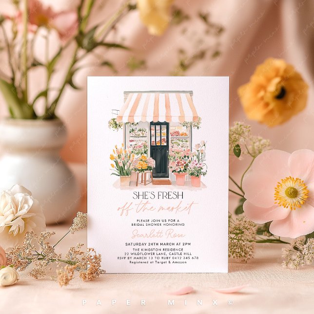 Färsk på Möhippan av marknaden för jordbrukare Inbjudningar (She's off the Market! Flower Shop Farmer's Market Bridal Shower Invitation Peach and Pink Flowers)