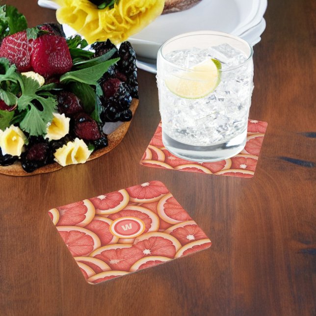 Färsk plockad Rosa Grapefruit Monogram Initial Underlägg Papper Kvadrat (Skapare uppladdad)