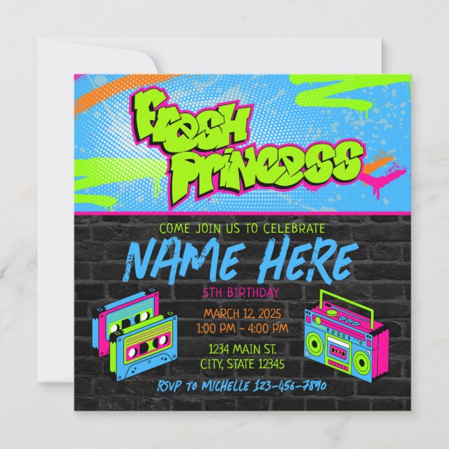 Färsk princess 90s Boombox Grönt Rosa Birthday Inbjudningar (Framsida)