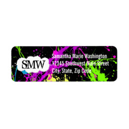Färsk Retro Neon Paint Splatter på svart Returadress Etikett