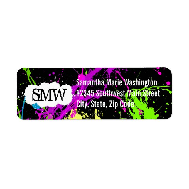 Färsk Retro Neon Paint Splatter på svart Returadress Etikett (Framsidan)