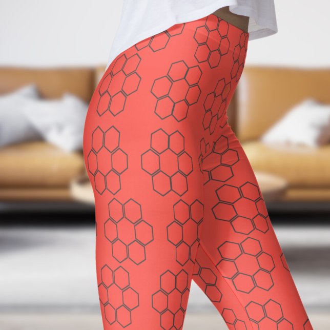 Färsk röd Orange Honungsbin Hive Mönster Leggings (Honey Hive on Red Orange)
