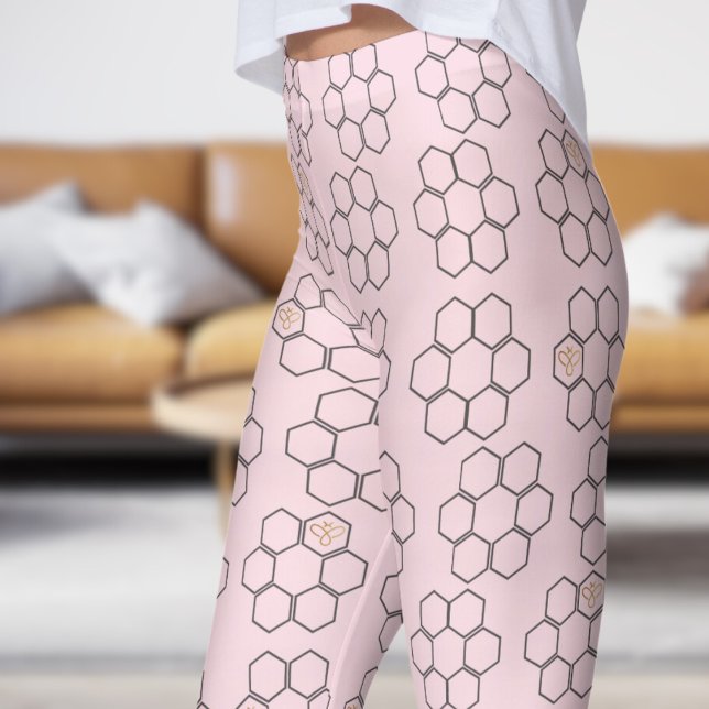 Färsk Rosa Honungsbin Hive Mönster Leggings (Honey Hive on Piggy Pink)