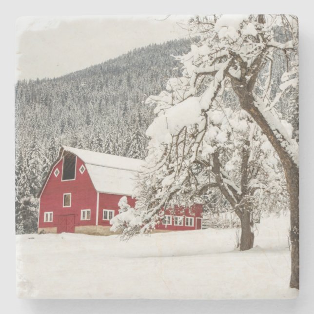 Färsk snö på röd lada stenunderlägg (Framsidan)