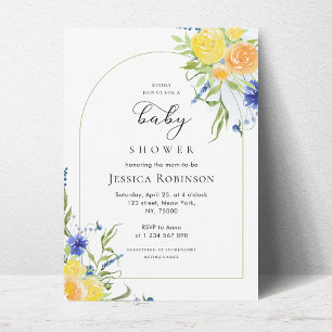 Färsk Vår-Blommigt i Blue & Gult Baby Shower Inbjudningar