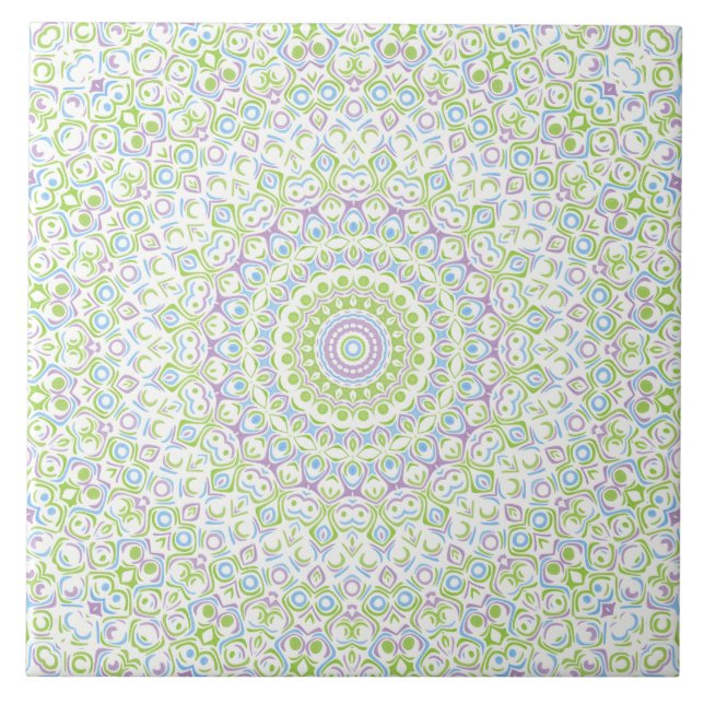 Färsk vår-mandala i grönt, blått och lavendel kakelplatta (Framsidan)
