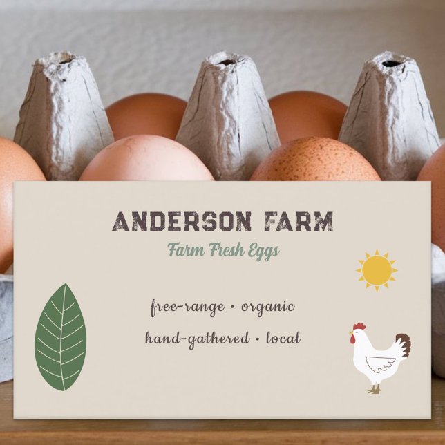 Färska ägg från lantgårdar - kyckling, Sol och Löv Visitkort (Farm Fresh Eggs - Chicken, Sun and Leaf Business Card)