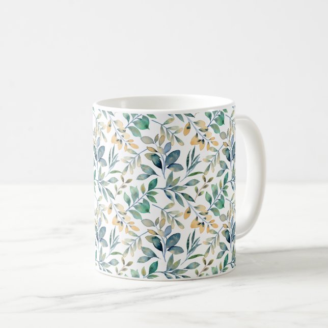 Färska akrylgröna och gula bladsmönster kaffemugg (Framsida höger)