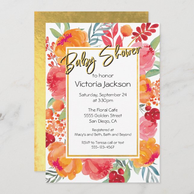 Färska blommor, vattenfärgsinbjudningar för babykl inbjudningar (Fram/baksida)