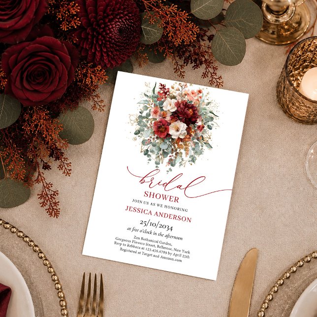 Färska Chic Gröna Guld Boho Bröllopsdusch Inbjudni Inbjudningar (Elegant Burgundy Gold Floral autumn bridal shower invitation

)