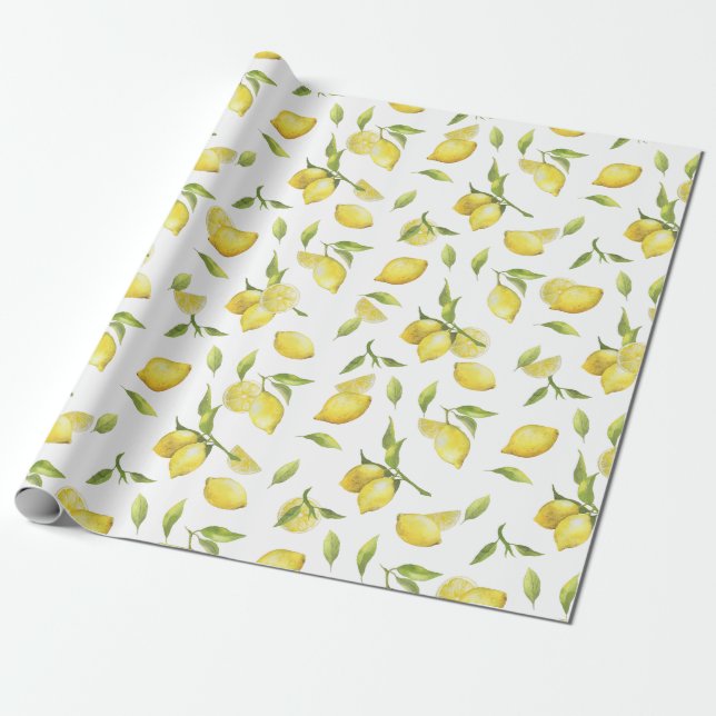 Färska citroner Greenery Blommar Watercolor Presentpapper (Utrullad)