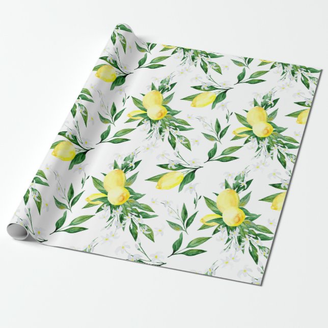 Färska citroner Greenery Blommar Watercolor Presentpapper (Utrullad)